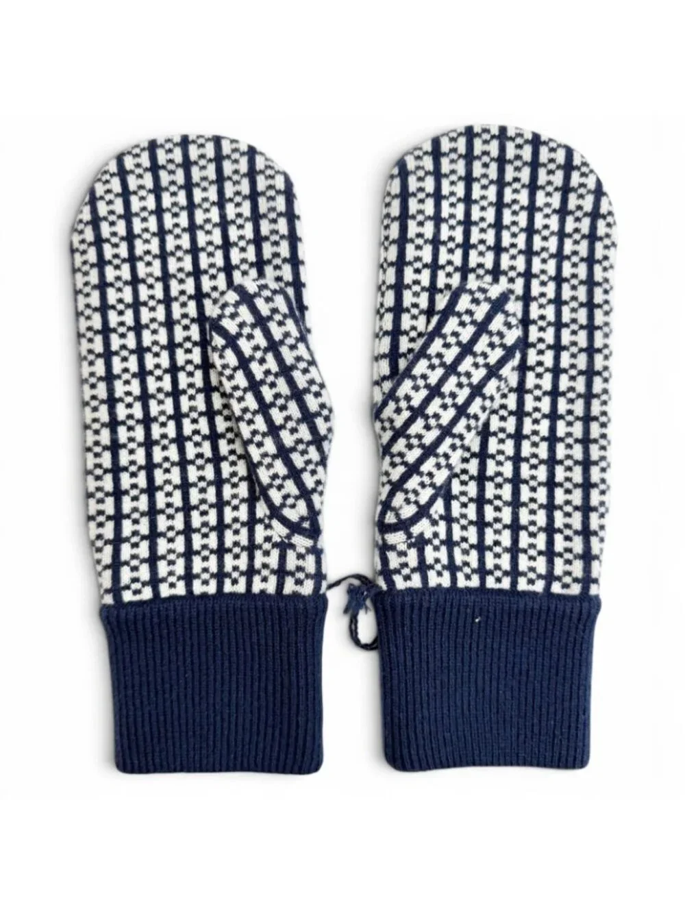 Hermes Hope Mittens Cashmere All Over Pattern Jacquard Knit Gloves Navy White
